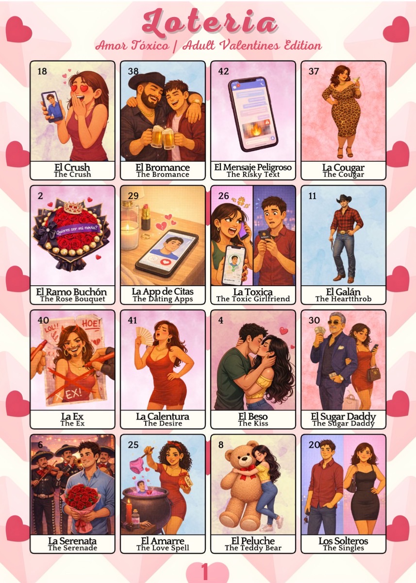 Amor Tóxico Lotería sample board with Valentine's Day adult relationship cards