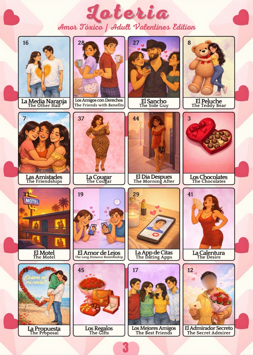 Amor Tóxico Lotería 5x7 sample board number three