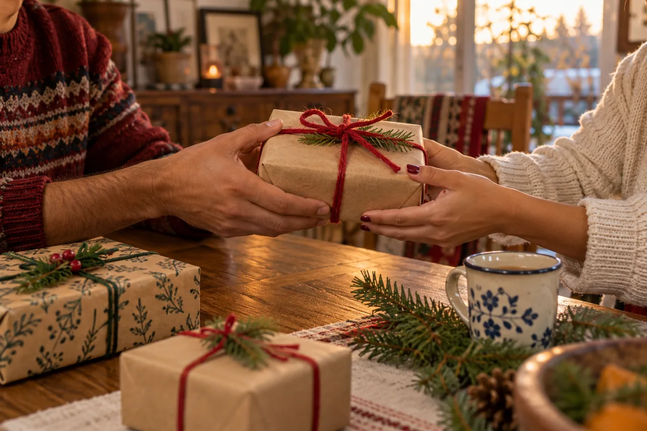 Illustrative hands passing a small wrapped Christmas gift