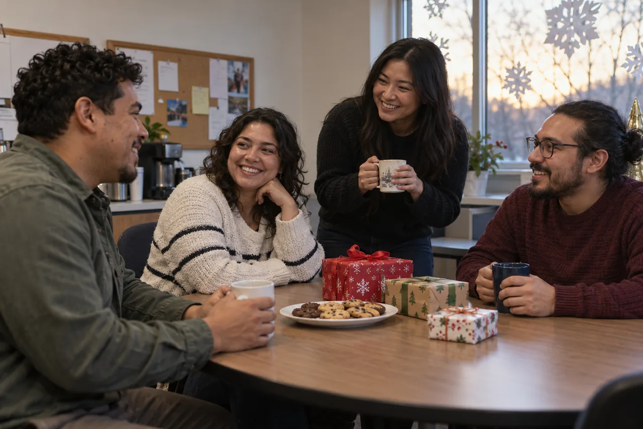 Illustrative colleagues at a small holiday work gathering