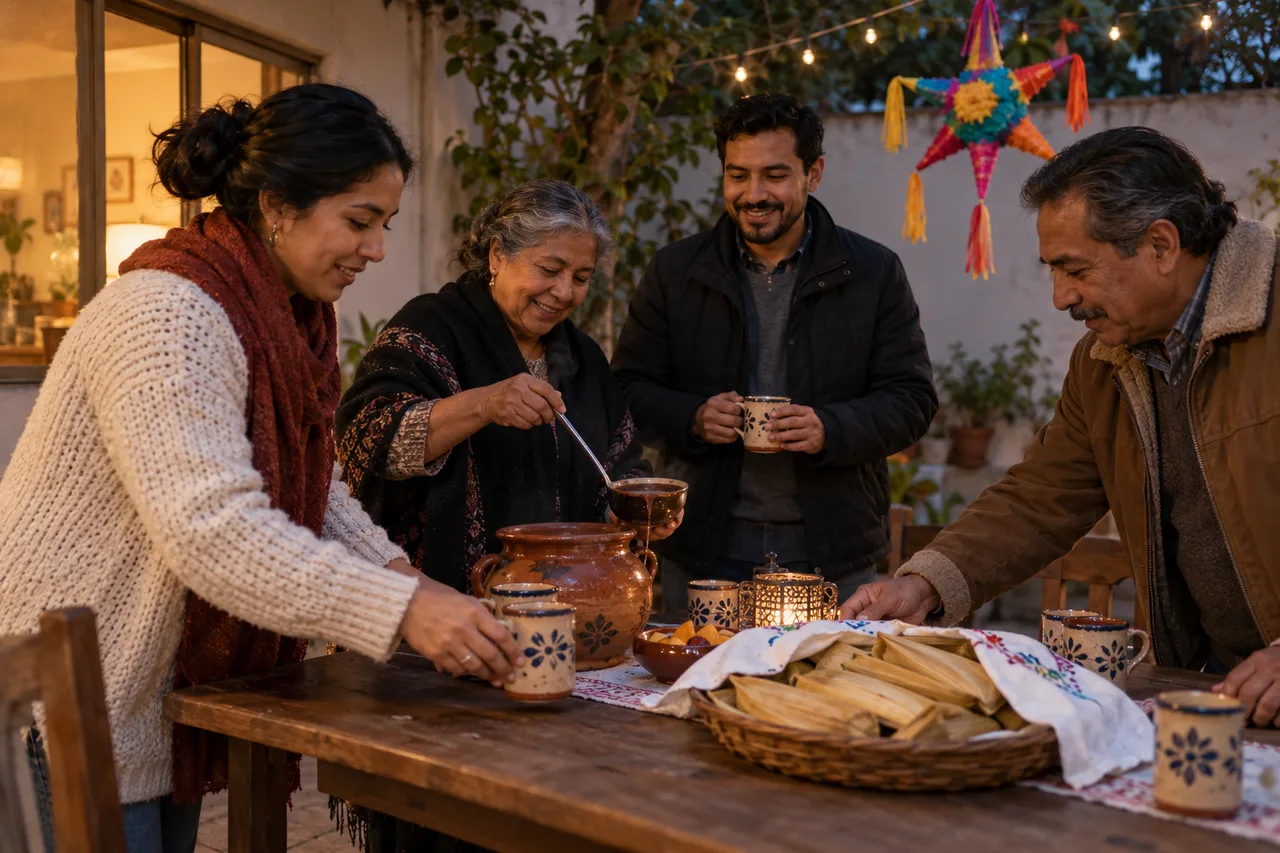 Illustrative family scene preparing punch and tamales for a posada