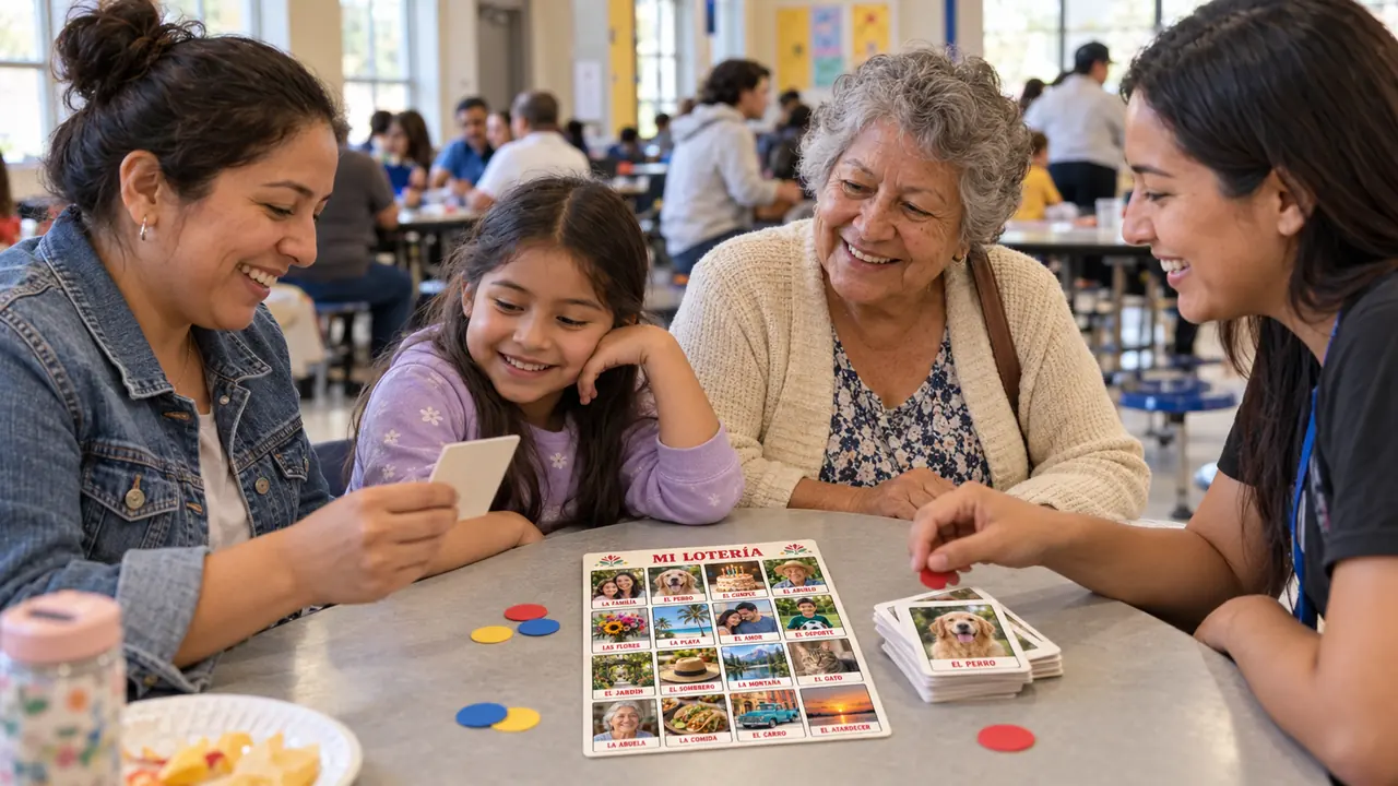 Illustrative scene of adults and a child playing photo Lotería at a school table