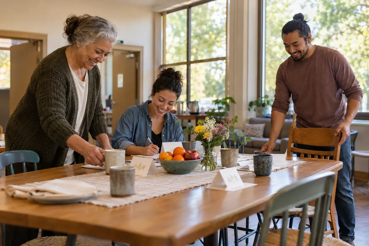Illustrative scene of volunteers setting a table and writing thank-you notes