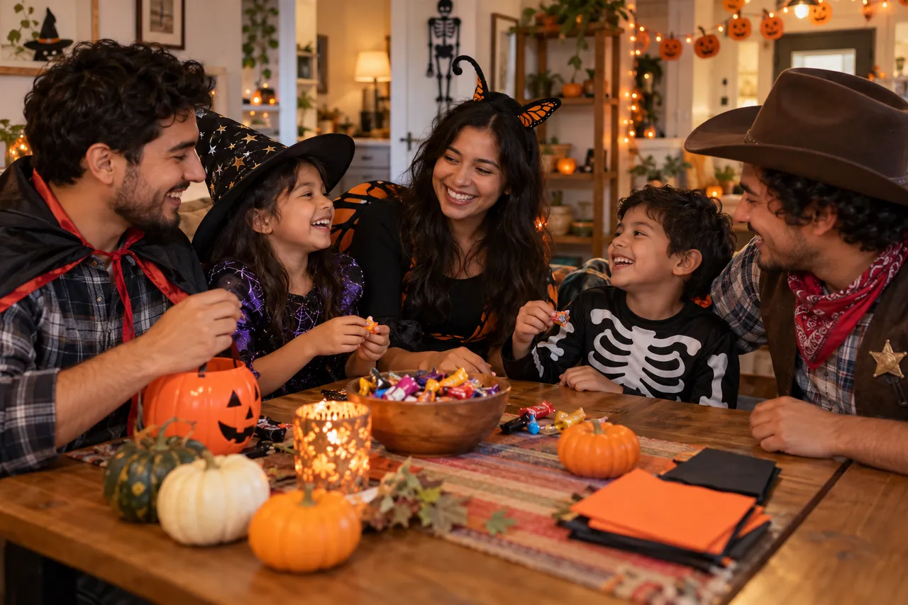 Illustrative cousins of different ages together at home for Halloween