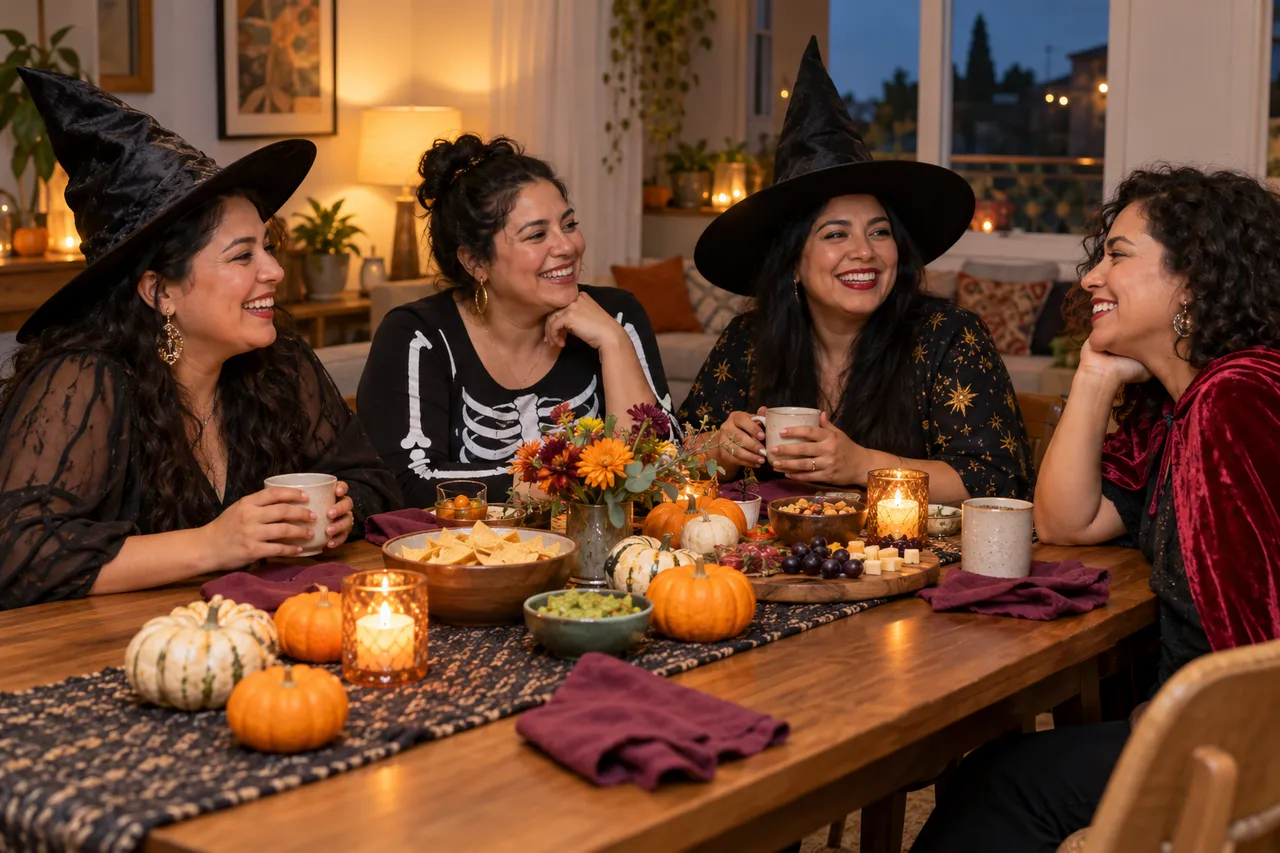 Illustrative friends in simple witch costumes sharing snacks on a Halloween night in