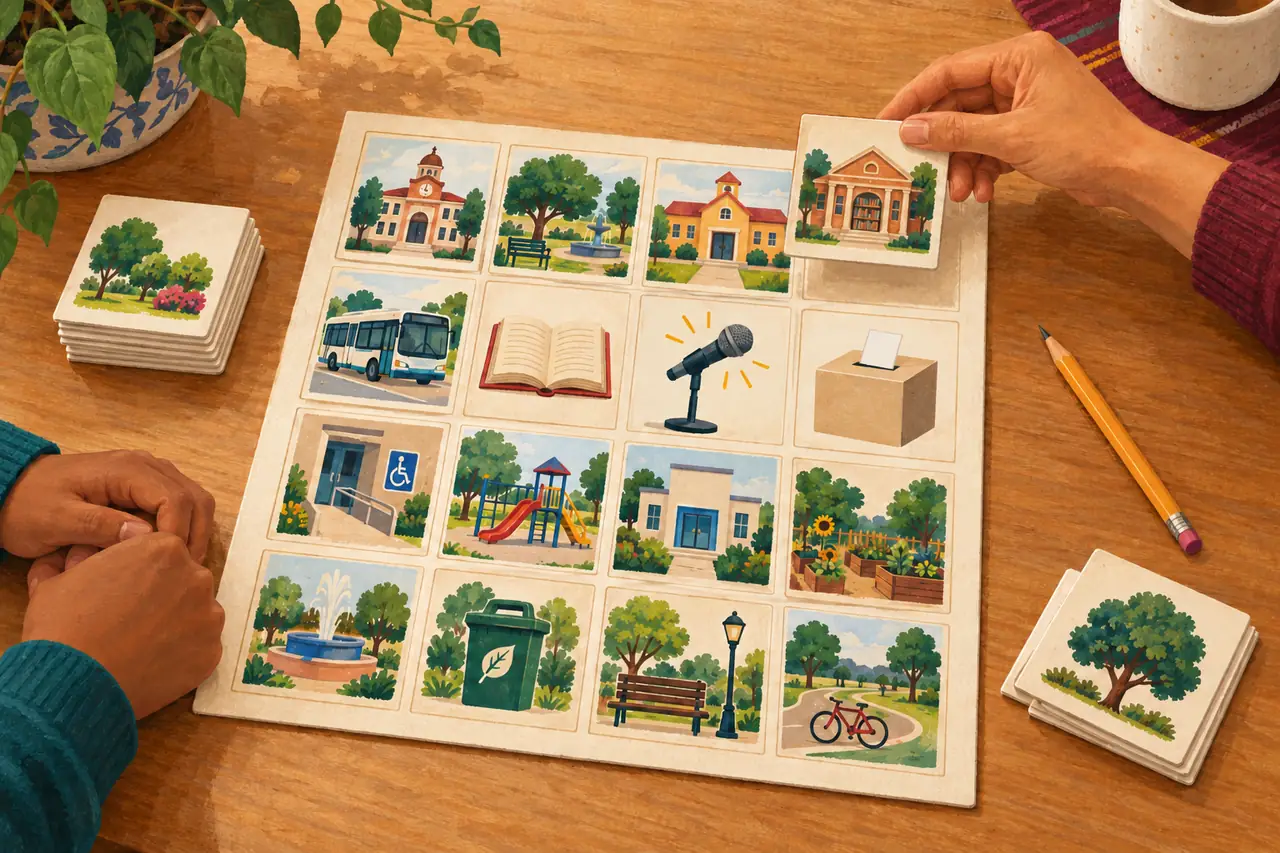 Editorial illustration of a neutral civic-vocabulary activity using pictures of a library, town hall and public transportation.