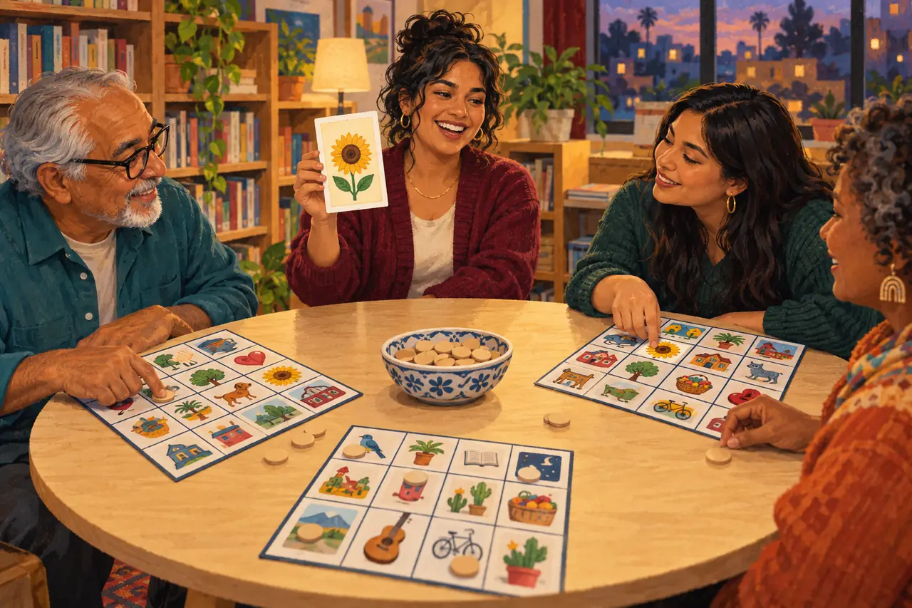 Editorial illustration of different generations playing Lotería together while a caller shows a card.