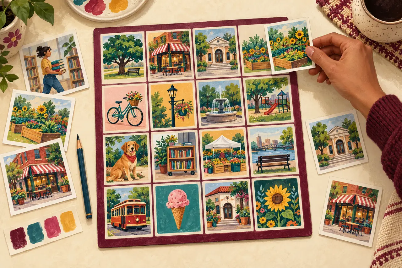 Editorial illustration of neighborhood-inspired artwork being arranged into a custom Lotería game.