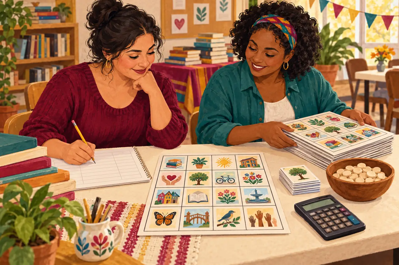 Editorial illustration of volunteers planning a Lotería fundraiser with a budget sheet and game boards on the table.
