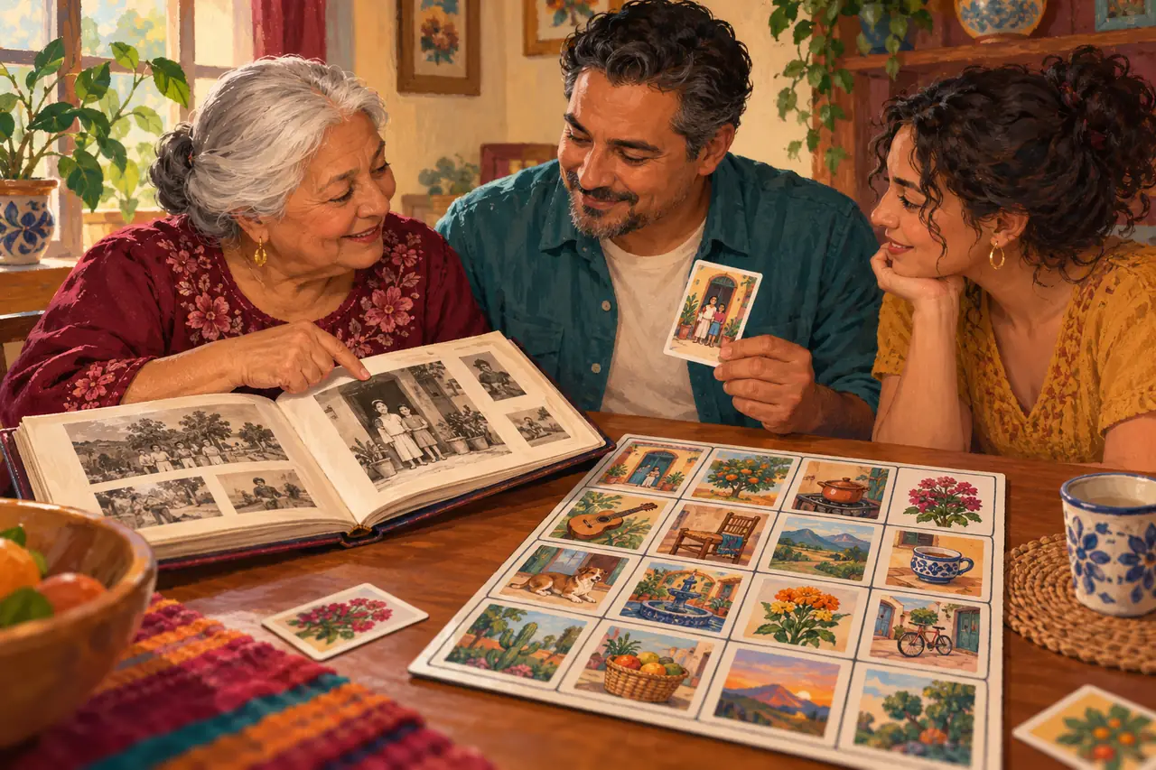 Editorial illustration of family members sharing memories and personal objects as inspiration for a Lotería project.