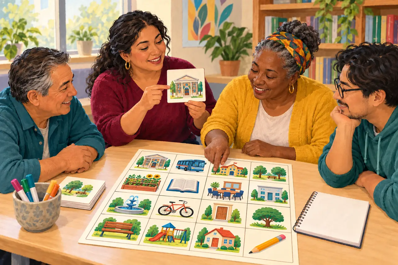 Editorial illustration of a community workshop exploring everyday service vocabulary through picture cards.
