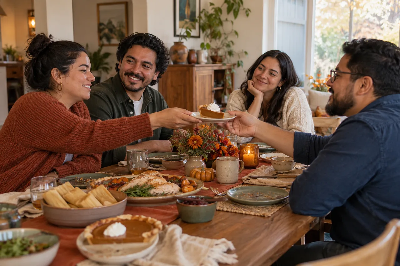Escena ilustrativa de cuatro amigos compartiendo postre en Friendsgiving