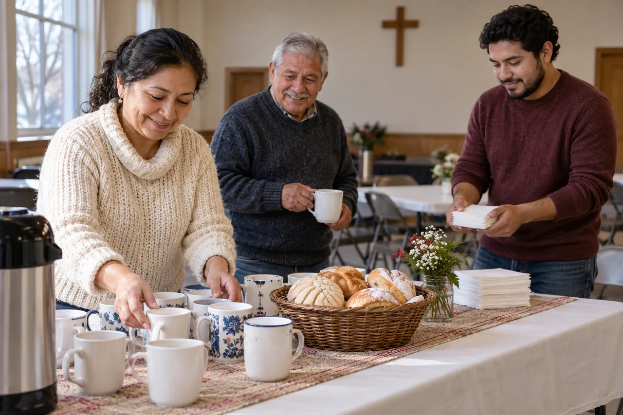 Illustrative volunteers preparing coffee and bread in a community hall