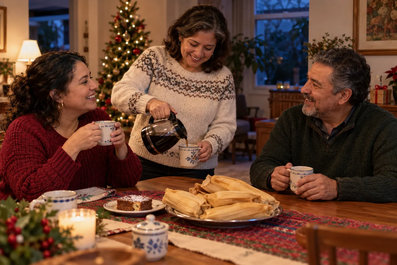 Escena ilustrativa de familiares compartiendo café después de la cena de Nochebuena