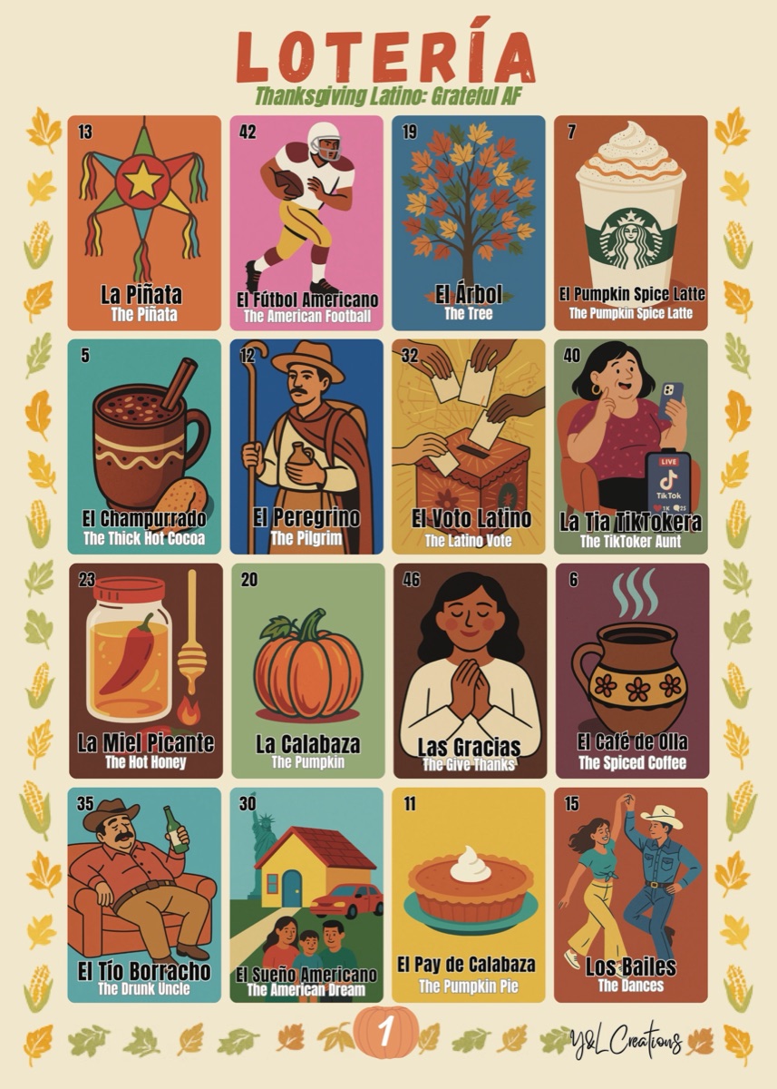 Grateful AF Thanksgiving Latino Lotería 5x7 sample board number one