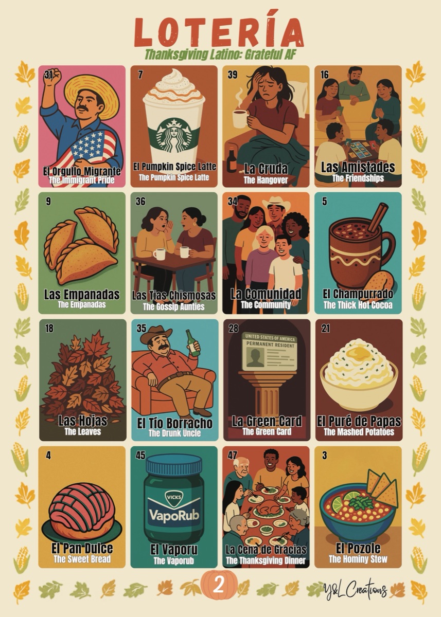 Grateful AF Thanksgiving Latino Lotería 5x7 sample board number two