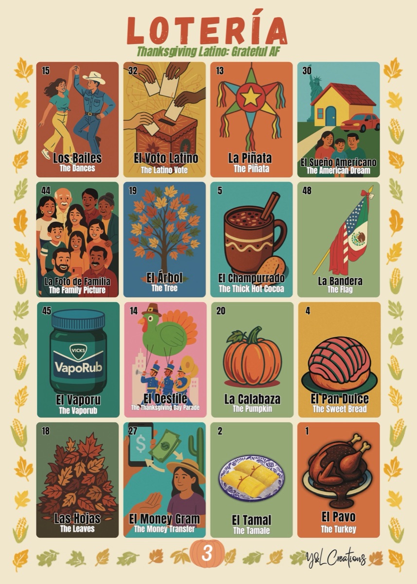 Grateful AF Thanksgiving Latino Lotería 5x7 sample board number three