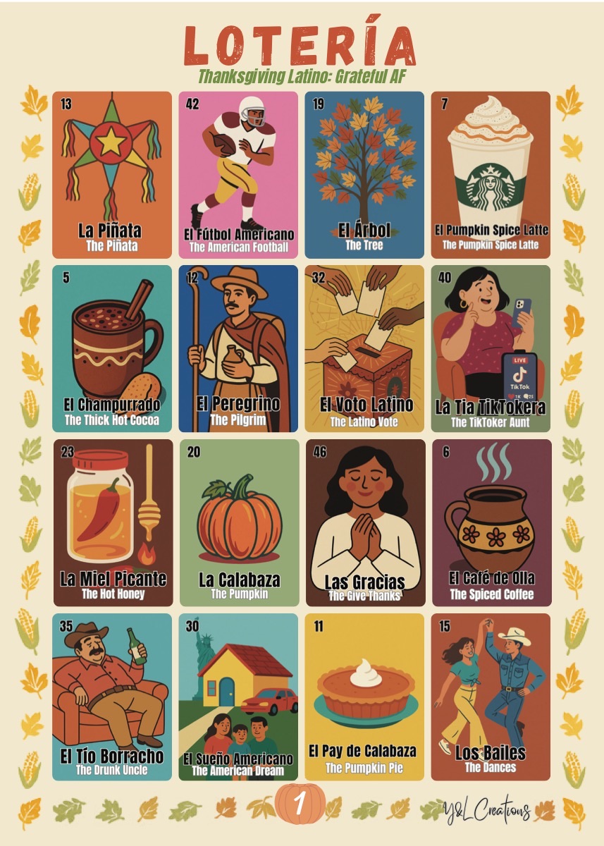 Thanksgiving Latino Grateful AF Lotería sample board with bilingual cards