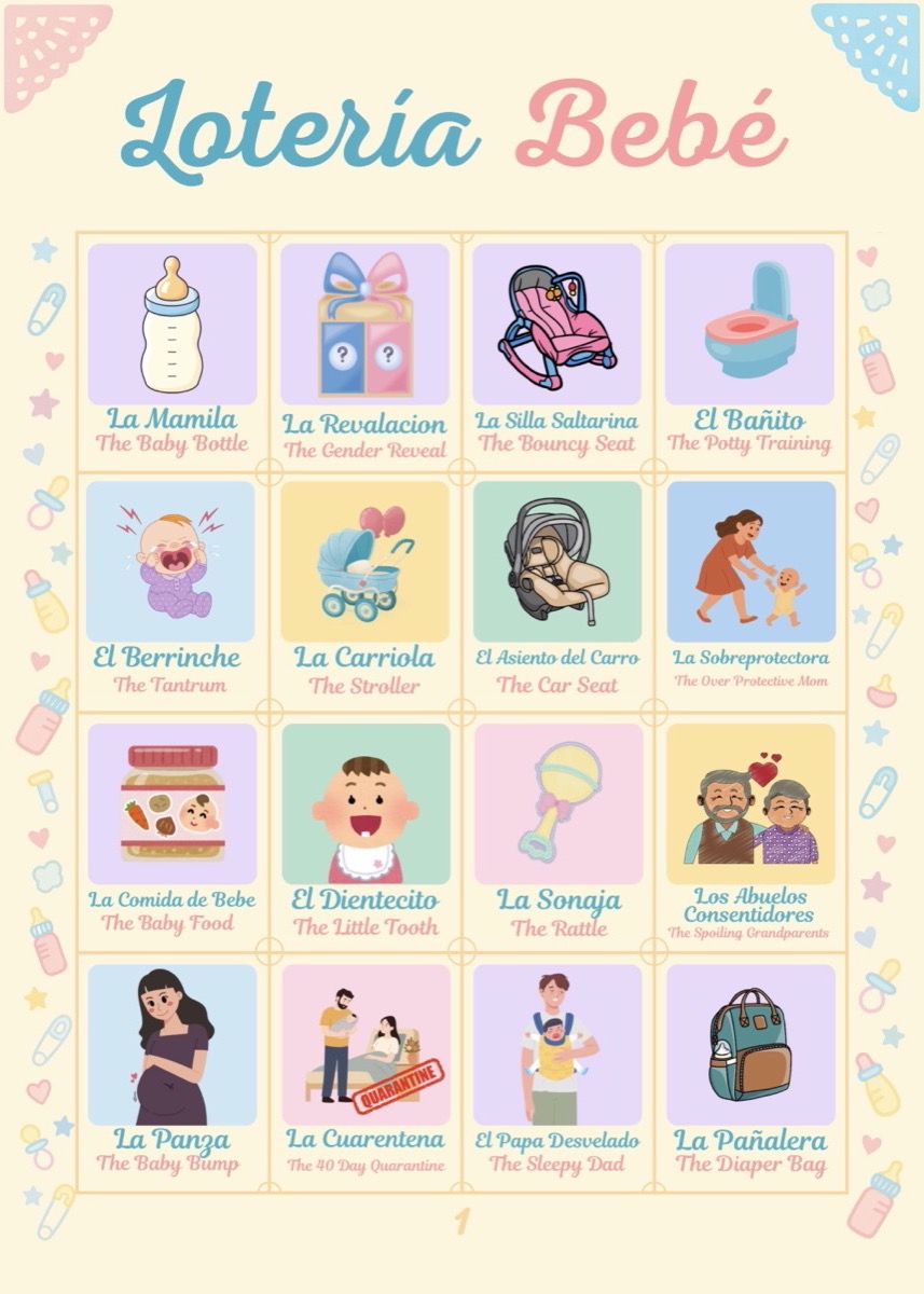Sample 5x7 Lotería Bebé board number one