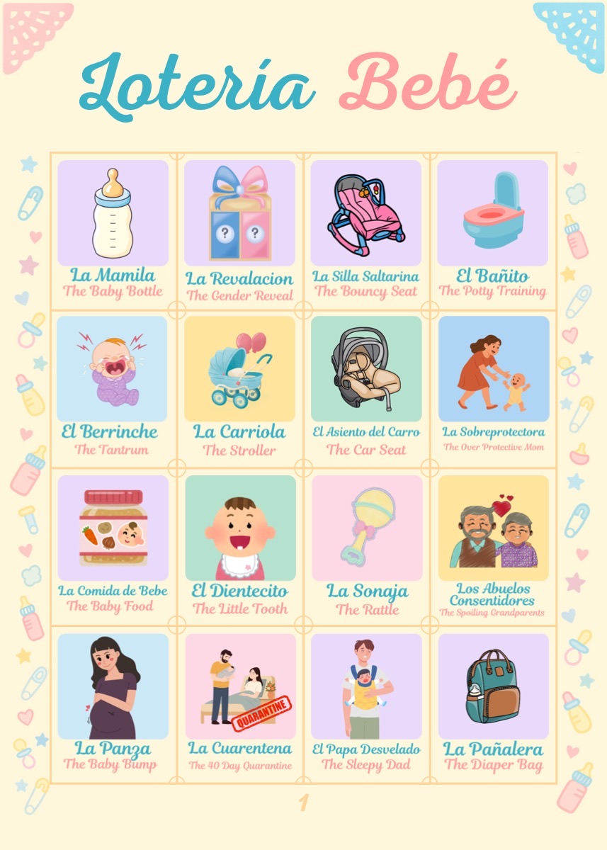 Lotería Bebé sample board with bilingual baby shower cards