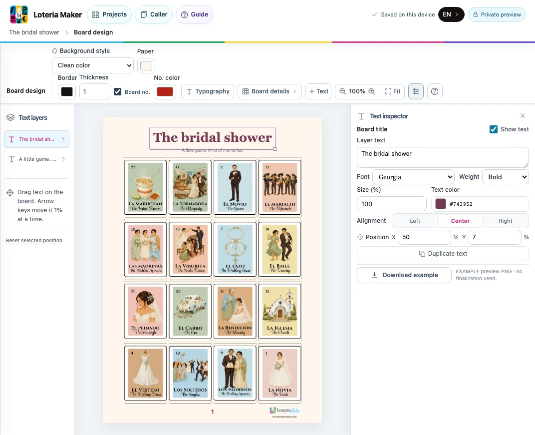 Controles de diseño de tablas de Mi Lotería Maker con una muestra existente de despedida de soltera