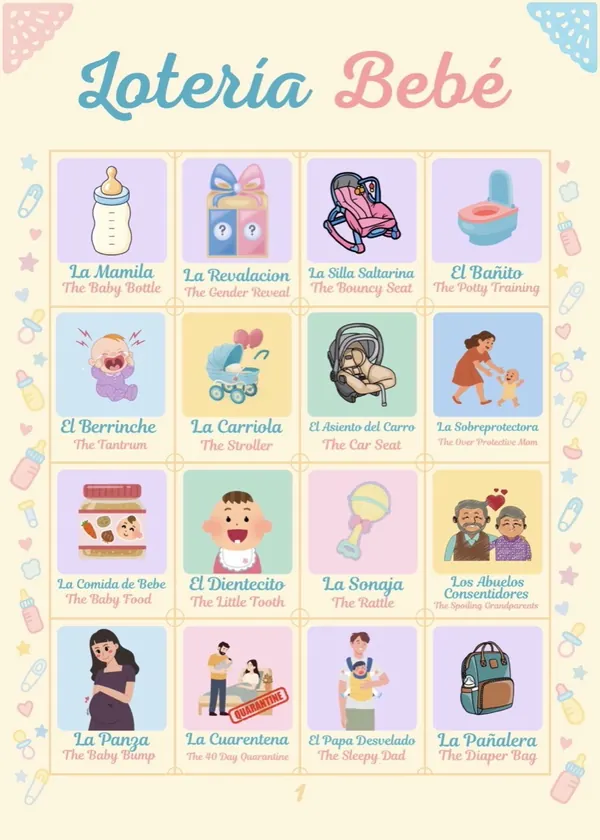One Lotería Bebé player board with a four-by-four grid of baby-themed pictures