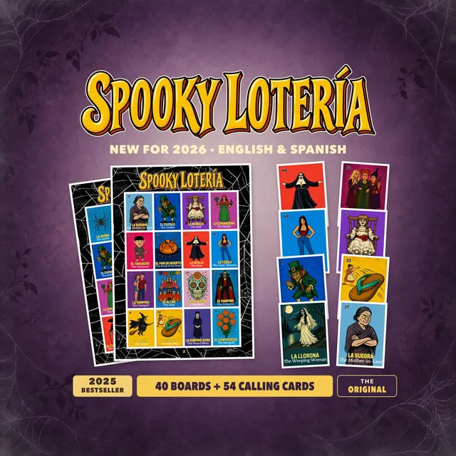 Preview of the ready-made bilingual Spooky Lotería cards and boards