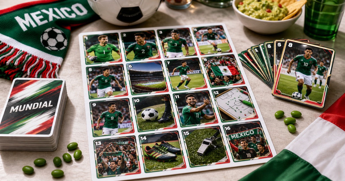 Tabla realista de Lotería fútbol México Mundial con cartas estilo jugador, balón, colores de país, fans y fichas