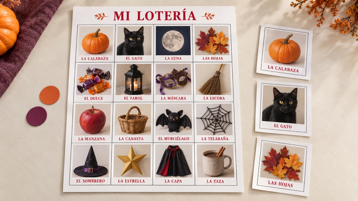 Tabla de Lotería personalizada ilustrativa con imágenes de una calabaza, un gato, hojas y otros objetos de temporada