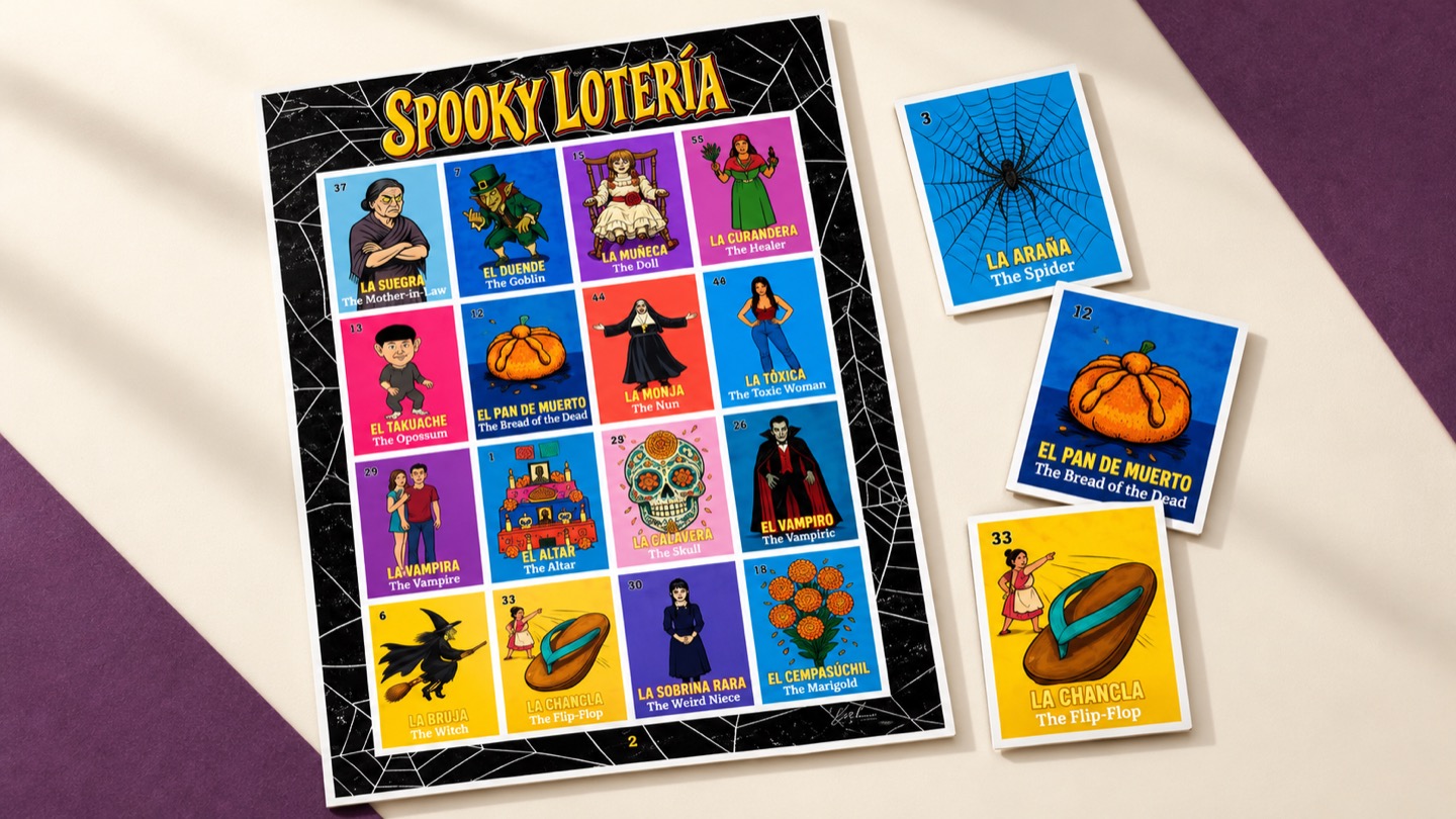 Illustrative Spooky Lotería board beside three calling cards