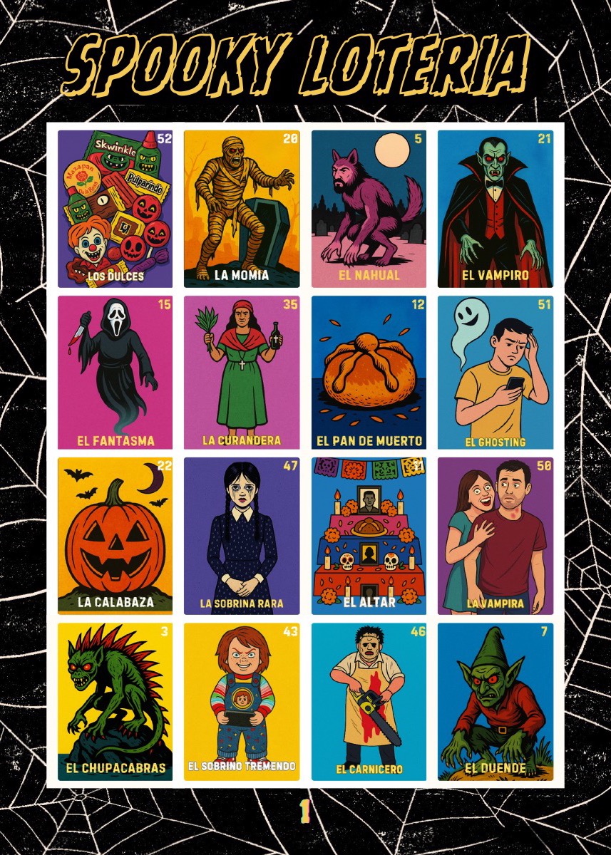 Tabla 5x7 de muestra uno de Spooky Lotería